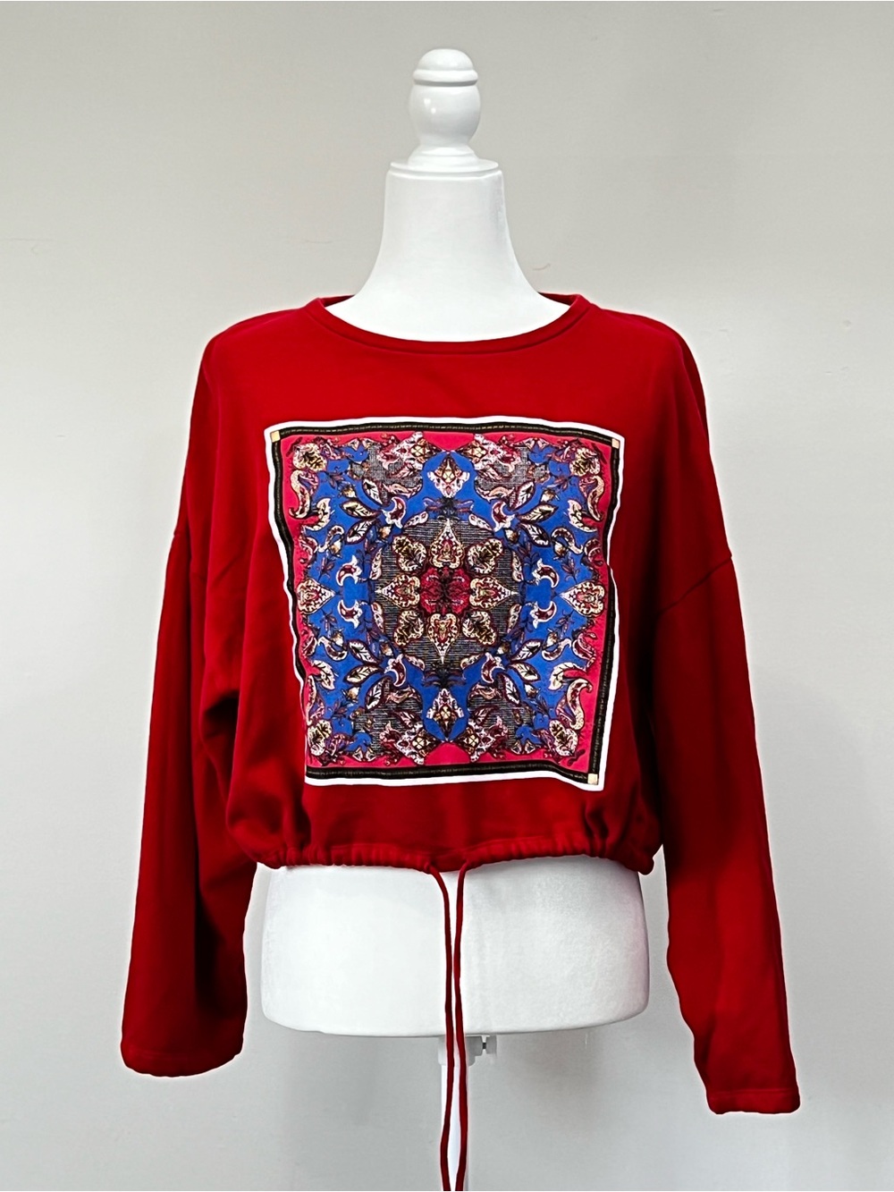 Zara Red Cropped Sweatshirt with Blue Paisley Panel Graphic Size L